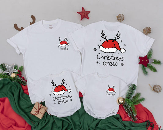 Personalized Christmas Crew Matching Family Shirts Reindeer Antlers Santa Hat Holiday Pajamas, Custom Name Christmas Morning Outfit for Mom, Baby & Kids