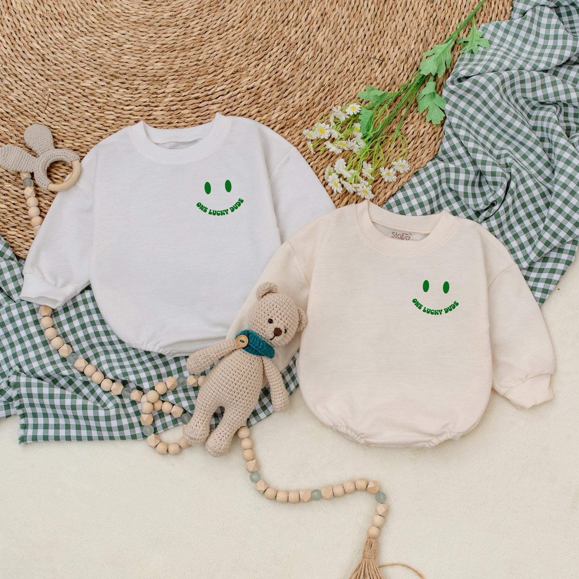 One Lucky Dude Baby Romper Retro Green Clover Bodysuit for St. Patrick's Day Outfit First Birthday Baby Shower Gift for Boys