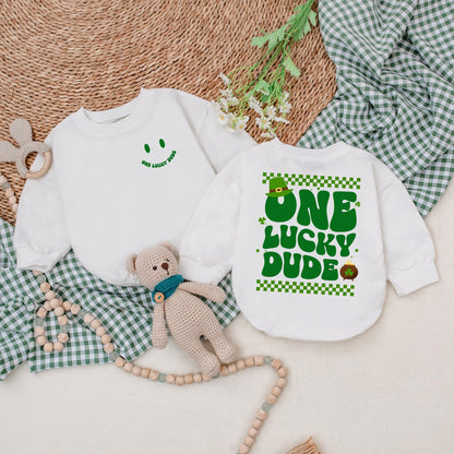 One Lucky Dude Baby Romper Retro Green Clover Bodysuit for St. Patrick's Day Outfit First Birthday Baby Shower Gift for Boys