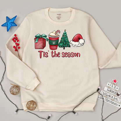 Tis The Season Christmas Sweatshirt: Festive Cocoa, Gifts & Tree Design, Merry & Bright Holiday Pullover, Cute Winter Crewneck, Comfy Xmas Party Top (139 chars)