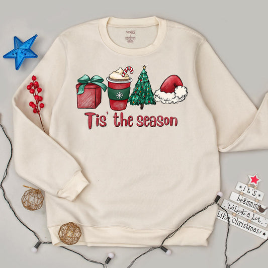 Tis The Season Christmas Sweatshirt: Festive Cocoa, Gifts & Tree Design, Merry & Bright Holiday Pullover, Cute Winter Crewneck, Comfy Xmas Party Top (139 chars)