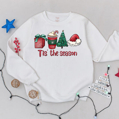 Tis The Season Christmas Sweatshirt: Festive Cocoa, Gifts & Tree Design, Merry & Bright Holiday Pullover, Cute Winter Crewneck, Comfy Xmas Party Top (139 chars)