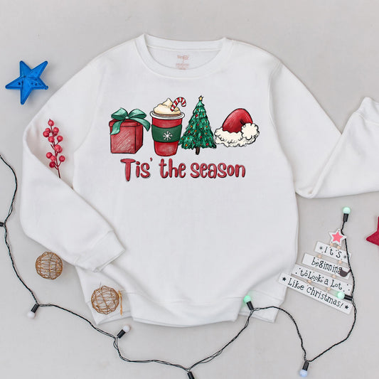 Tis The Season Christmas Sweatshirt: Festive Cocoa, Gifts & Tree Design, Merry & Bright Holiday Pullover, Cute Winter Crewneck, Comfy Xmas Party Top (139 chars)