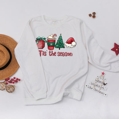 Tis The Season Christmas Sweatshirt: Festive Cocoa, Gifts & Tree Design, Merry & Bright Holiday Pullover, Cute Winter Crewneck, Comfy Xmas Party Top (139 chars)