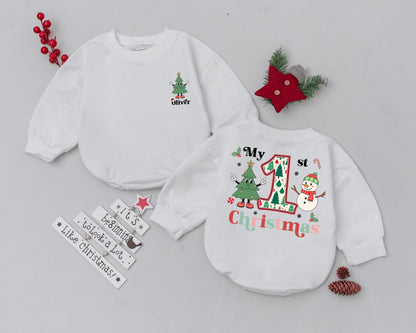 Personalized My 1st Christmas Romper, Retro Tree Toddler Sweatshirt, Holiday Outfit Set! Custom Name Infant Clothes, Baby Boy or Girl Gift, Christmas Party (138 chars)