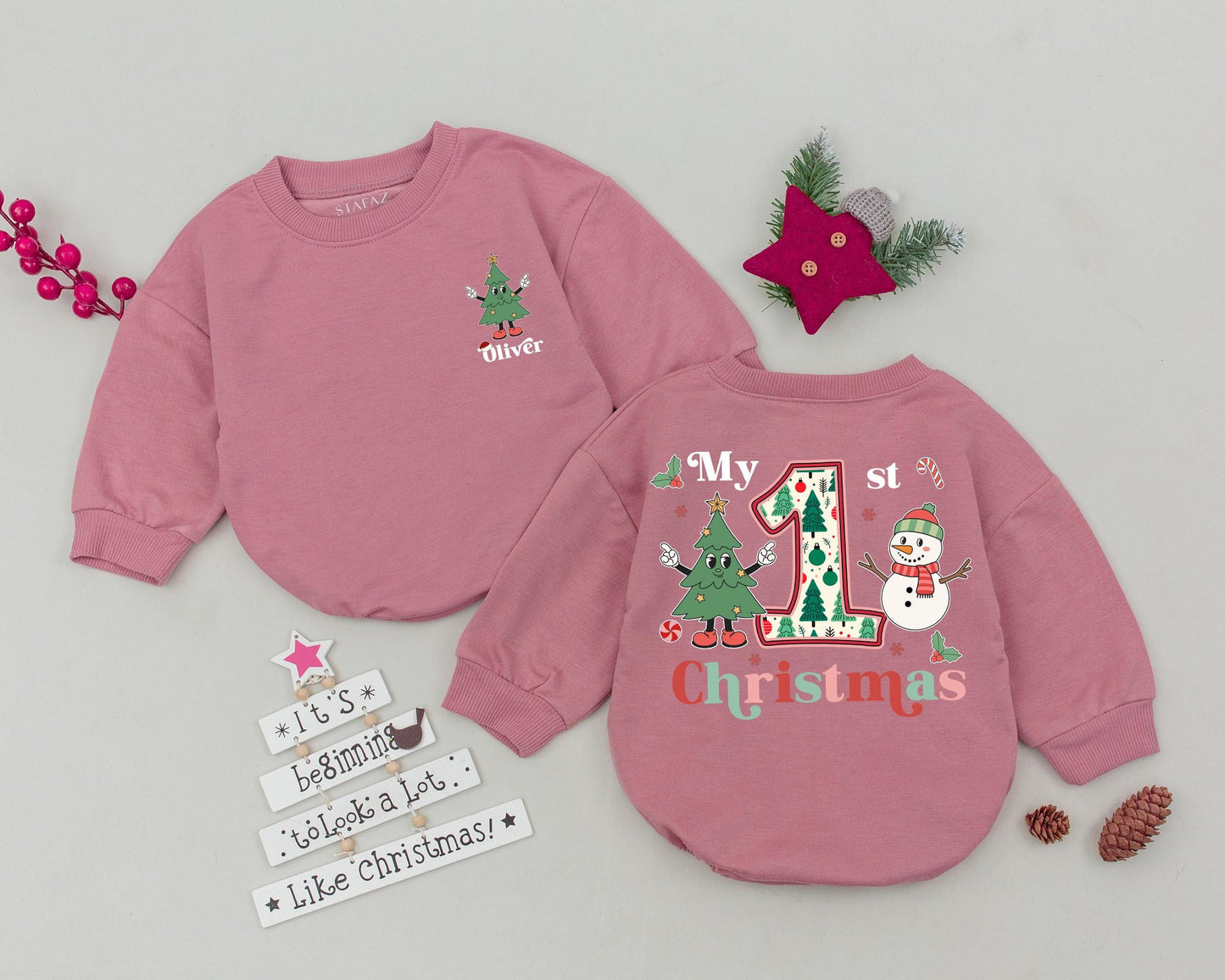 Personalized My 1st Christmas Romper, Retro Tree Toddler Sweatshirt, Holiday Outfit Set! Custom Name Infant Clothes, Baby Boy or Girl Gift, Christmas Party (138 chars)