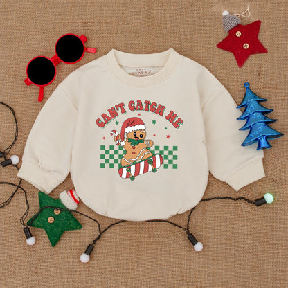 Skateboarding Gingerbread Boy Romper: Can't Catch Me Christmas Fun! Cute Holiday Outfit, Santa Hat Cookie, Festive Baby Clothes, Retro Xmas Star Design