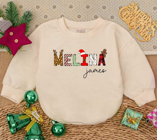 Personalized Melina's 1st Christmas Romper: Custom Name Holiday Baby Outfit, James Font, Gingerbread & Reindeer Design, Newborn Gift Sweatshirt 138 chars