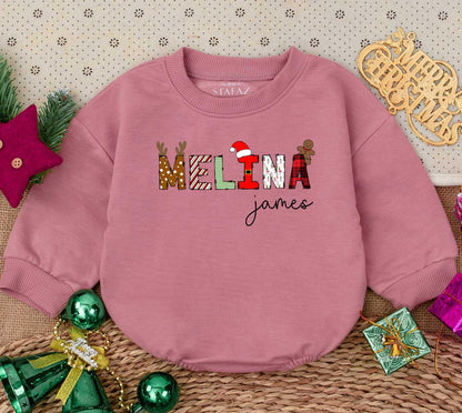 Personalized Melina's 1st Christmas Romper: Custom Name Holiday Baby Outfit, James Font, Gingerbread & Reindeer Design, Newborn Gift Sweatshirt 138 chars
