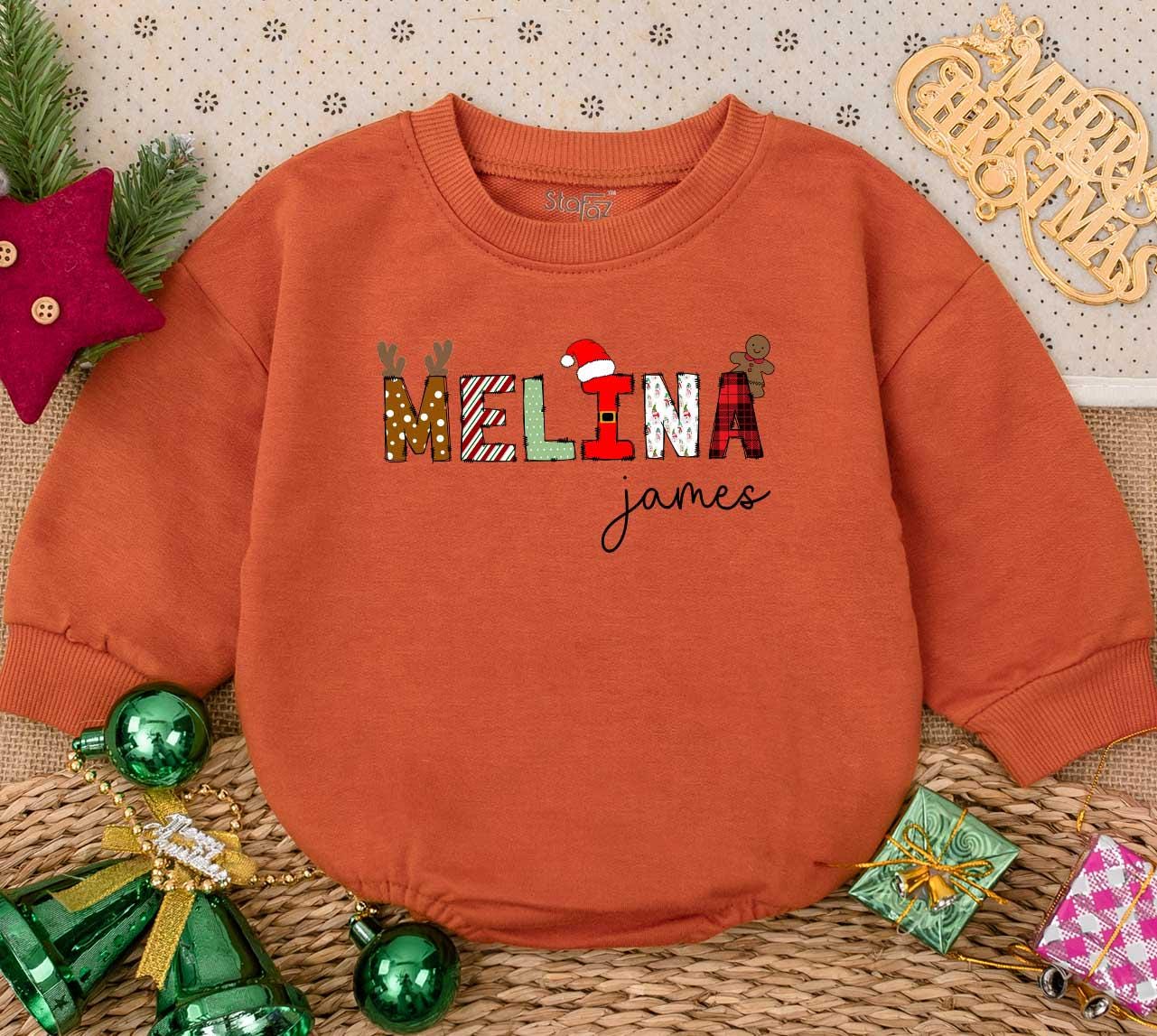 Personalized Melina's 1st Christmas Romper: Custom Name Holiday Baby Outfit, James Font, Gingerbread & Reindeer Design, Newborn Gift Sweatshirt 138 chars