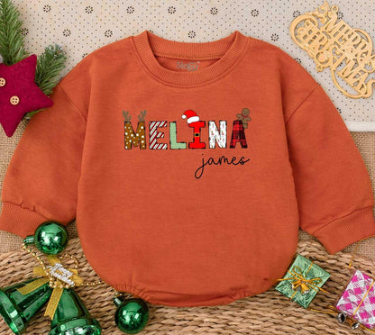 Personalized Melina's 1st Christmas Romper: Custom Name Holiday Baby Outfit, James Font, Gingerbread & Reindeer Design, Newborn Gift Sweatshirt 138 chars