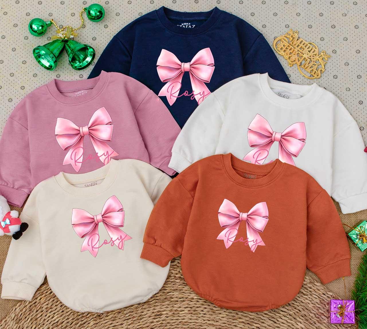 Personalized Rosy Bow Baby Romper - Custom Name Pink Outfit, Cute Girly Clothes, Newborn Girl Gift, Soft Cotton Bodysuit, Holiday Baby Shower Keepsake (139)