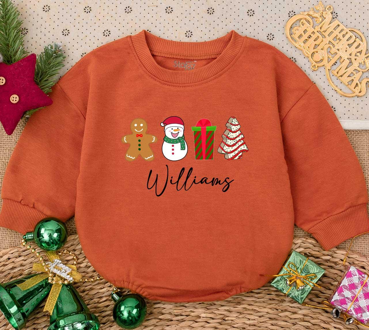 Personalized Baby's First Christmas Romper, Cute Gingerbread Man & Snowman Outfit with Custom Name, Festive Holiday Baby Shower Gift Sweater Romper (Williams)