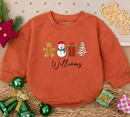 Personalized Baby's First Christmas Romper, Cute Gingerbread Man & Snowman Outfit with Custom Name, Festive Holiday Baby Shower Gift Sweater Romper (Williams)