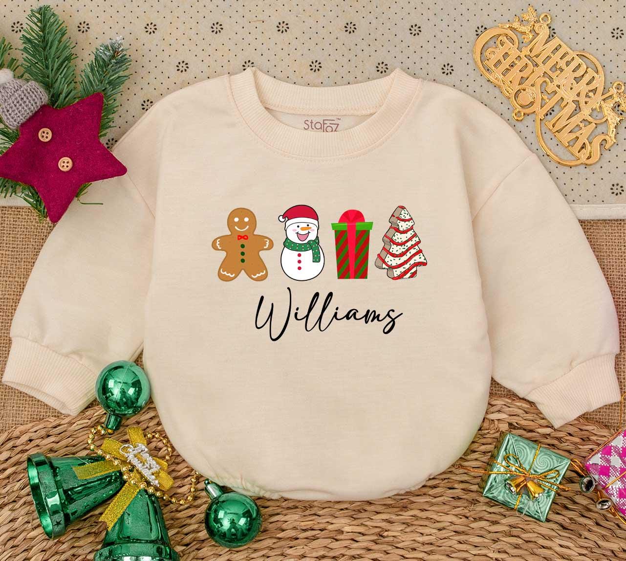 Personalized Baby's First Christmas Romper, Cute Gingerbread Man & Snowman Outfit with Custom Name, Festive Holiday Baby Shower Gift Sweater Romper (Williams)