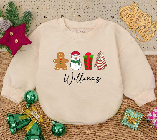 Personalized Baby's First Christmas Romper, Cute Gingerbread Man & Snowman Outfit with Custom Name, Festive Holiday Baby Shower Gift Sweater Romper (Williams)