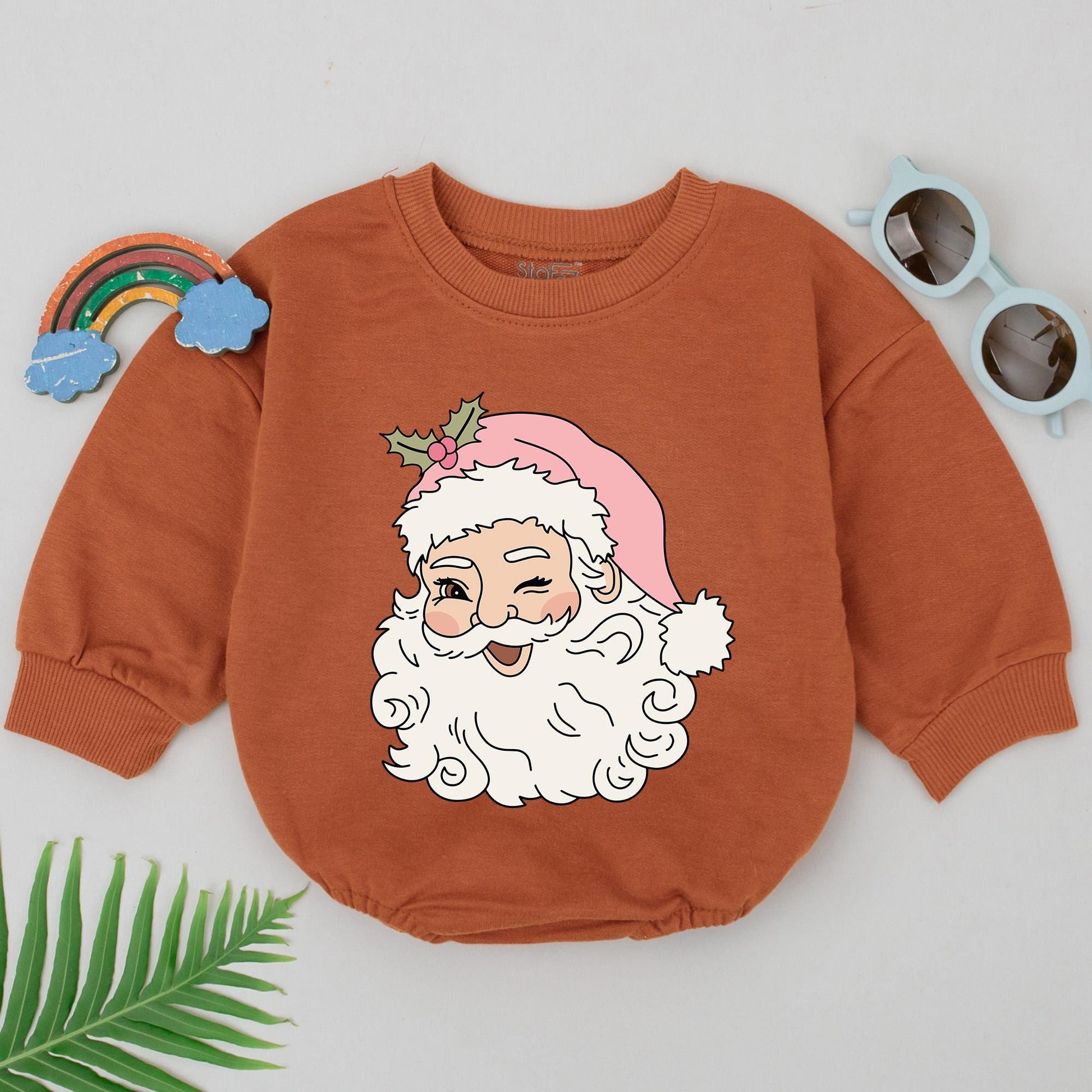 Winking Santa Romper Baby's 1st Christmas Outfit Girl Pink Hat Natural Cartoon Xmas Gift Cute Holiday Newborn Clothes Bubble Romper Shower Present (140)