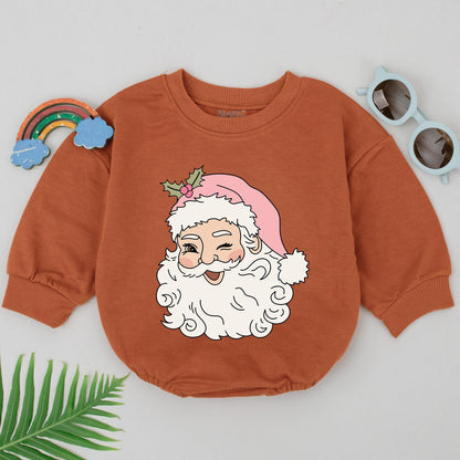 Winking Santa Romper Baby's 1st Christmas Outfit Girl Pink Hat Natural Cartoon Xmas Gift Cute Holiday Newborn Clothes Bubble Romper Shower Present (140)