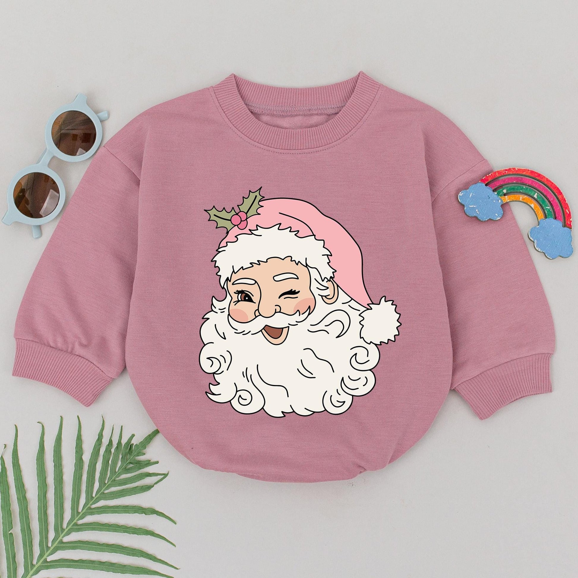 Winking Santa Romper Baby's 1st Christmas Outfit Girl Pink Hat Natural Cartoon Xmas Gift Cute Holiday Newborn Clothes Bubble Romper Shower Present (140)