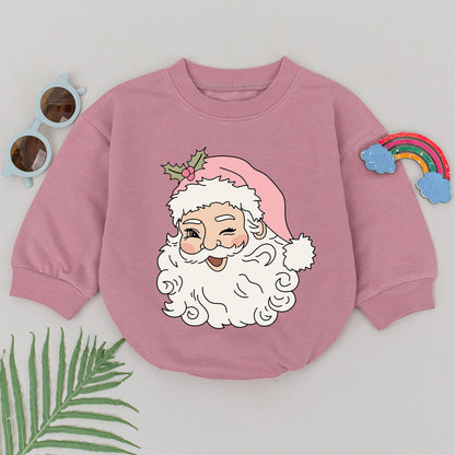 Winking Santa Romper Baby's 1st Christmas Outfit Girl Pink Hat Natural Cartoon Xmas Gift Cute Holiday Newborn Clothes Bubble Romper Shower Present (140)