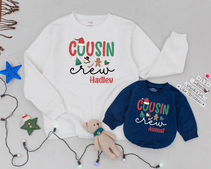 Personalized Cousin Crew Christmas Sweatshirt, Retro Holiday Matching Family Sweaters, Custom Names Hadley & Holden, Festive Xmas Outfits, Soft Cotton