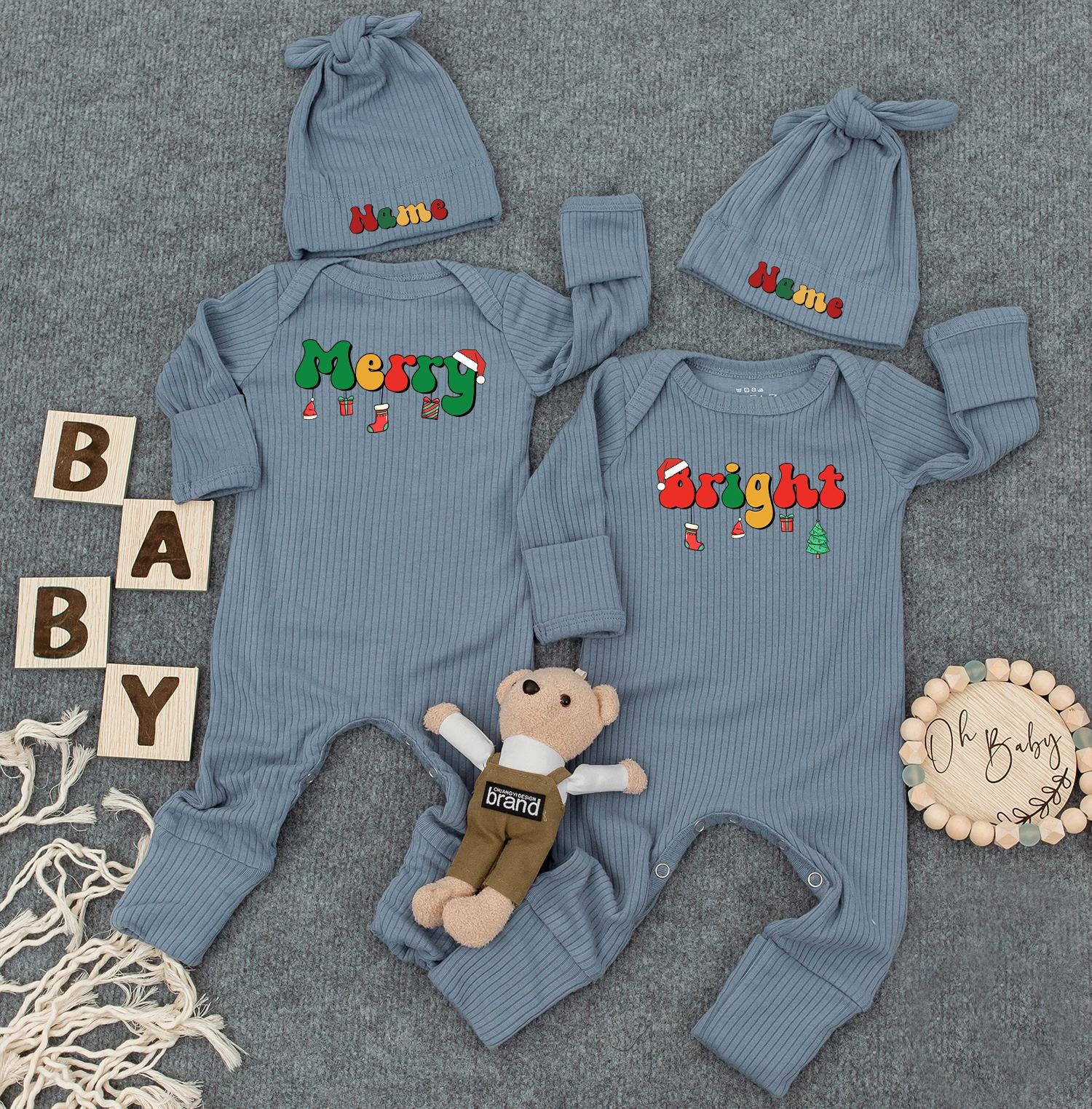 Merry and Bright First Christmas Custom Name Baby Bodysuit, Cute Infant Romper, Funny Outfit, New Mom Gift, Twin Option, Festive Holiday Clothes 138