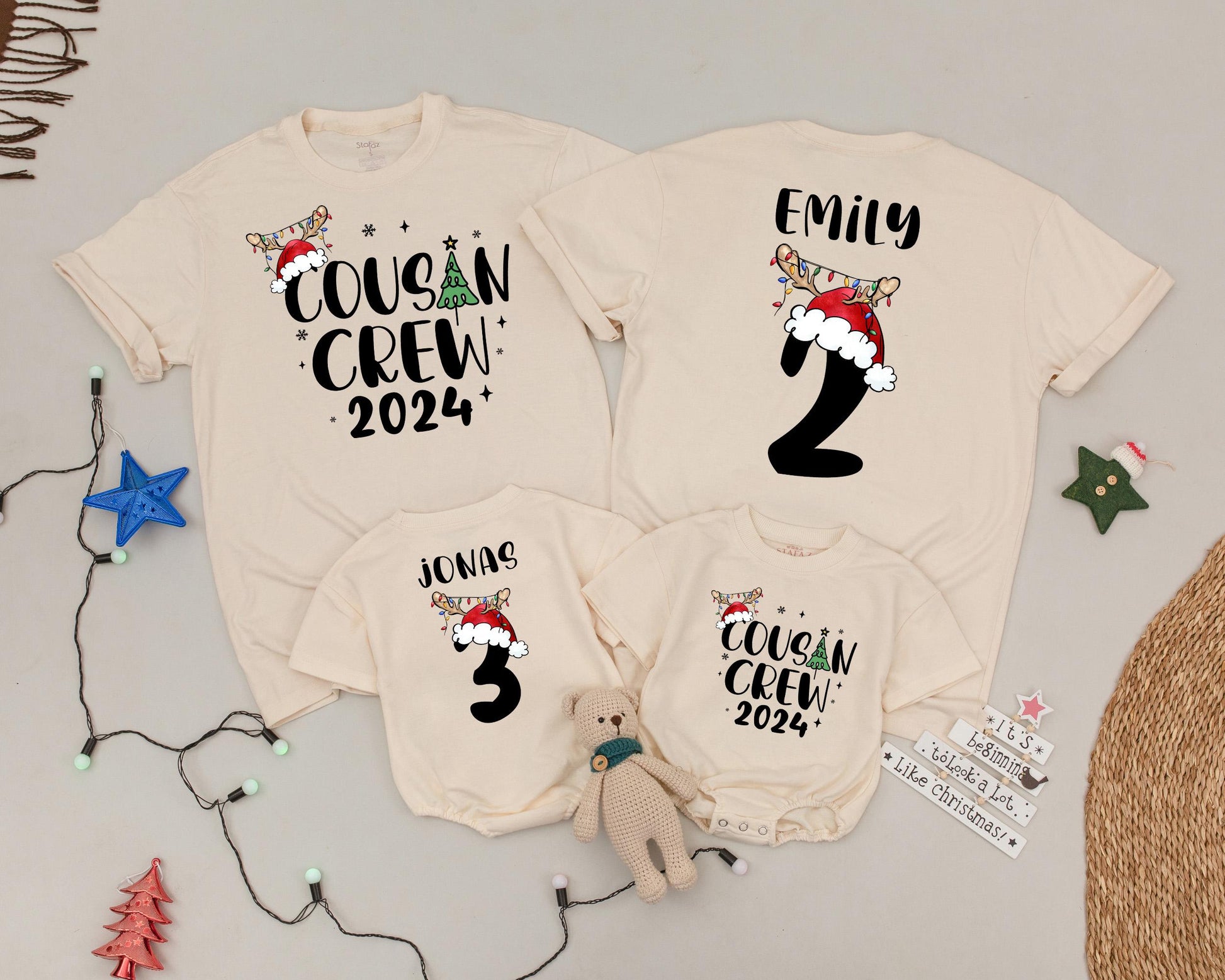 Matching Christmas Cousin Crew 2024 Shirts, Custom Name & Number Family Holiday Tees, Cute Christmas Morning Outfit for Baby Toddler Soft Cotton