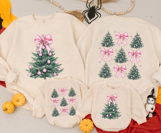 Pink Bow Christmas Tree Sweatshirt: Mommy and Me Matching Outfit, Cute Xmas Romper for Baby, Retro Holiday Sweater, Newborn Clothes for Kids, Family Outfit 
