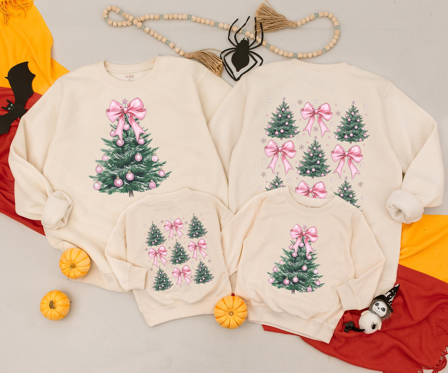 Pink Bow Christmas Tree Sweatshirt: Mommy and Me Matching Outfit, Cute Xmas Romper for Baby, Retro Holiday Sweater, Newborn Clothes for Kids, Family Outfit 