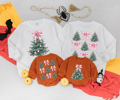 Pink Bow Christmas Tree Sweatshirt: Mommy and Me Matching Outfit, Cute Xmas Romper for Baby, Retro Holiday Sweater, Newborn Clothes for Kids, Family Outfit 