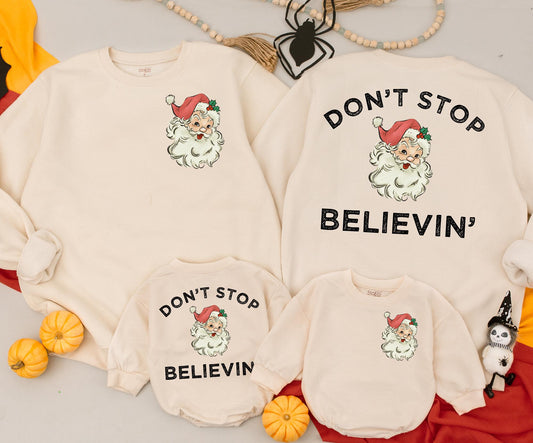 Retro Santa 'Don't Stop Believin' Sweatshirt: Vintage Christmas Sweater for Women, Men, Kids, and Newborns—Nostalgic Xmas Family Matching Outfit Idea, Cute Coquette