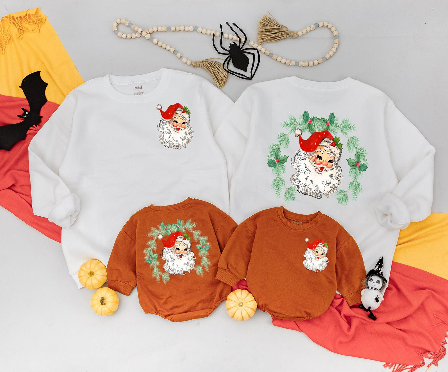 Vintage Santa Claus Christmas Sweatshirt Women's or Kid's Red Green Holly Wreath Retro Xmas Outfit Festive Holiday Newborn Romper Clothing (138 chars)