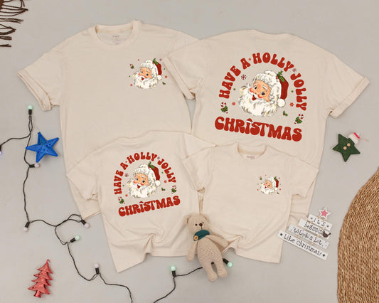 Retro Santa Matching Family Christmas Shirts, Have A Holly Jolly Holiday Outfit, Vintage Xmas Tee, Newborn Romper, Mom and Baby Matching Set (2-Sided) 