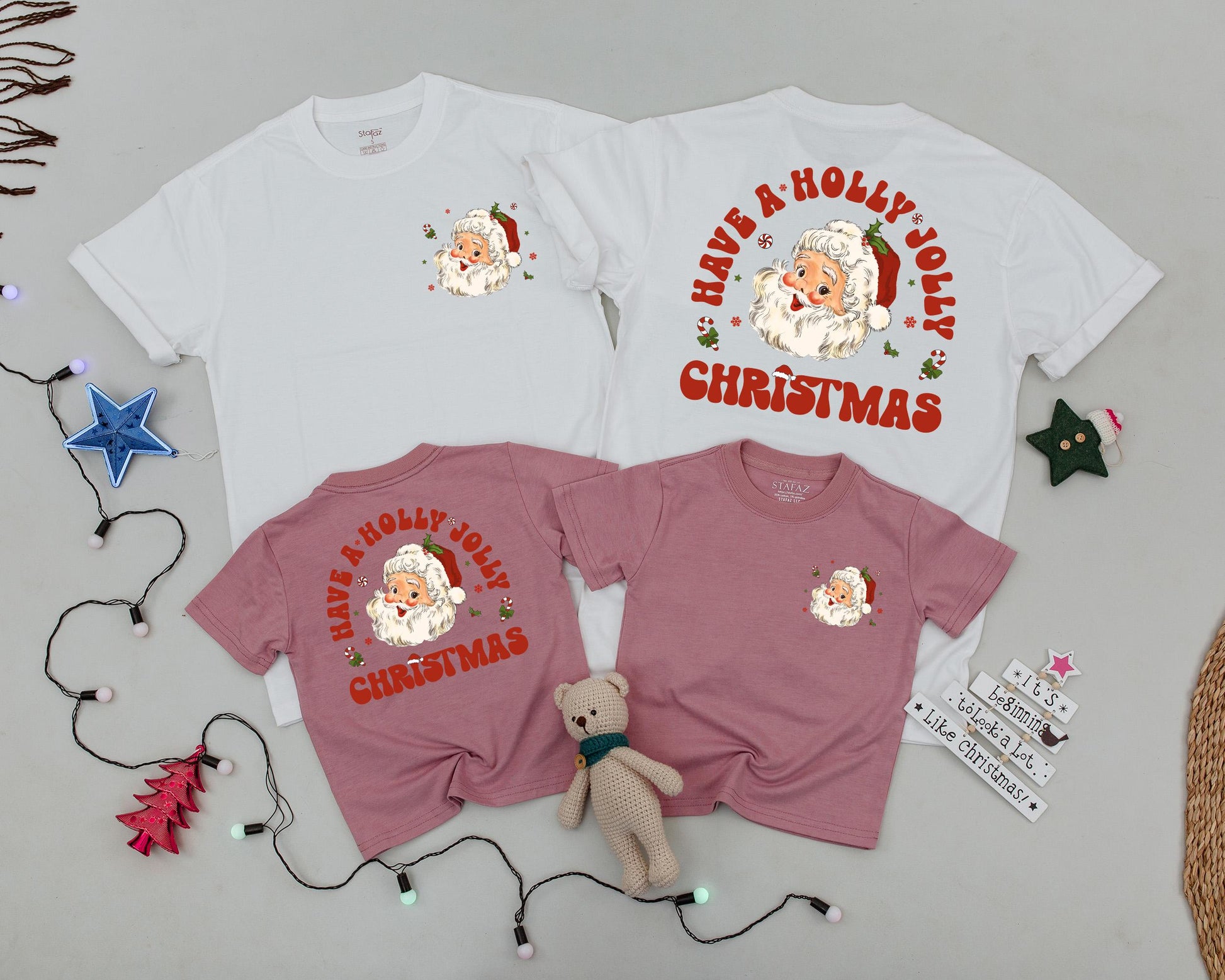 Retro Santa Matching Family Christmas Shirts, Have A Holly Jolly Holiday Outfit, Vintage Xmas Tee, Newborn Romper, Mom and Baby Matching Set (2-Sided) 