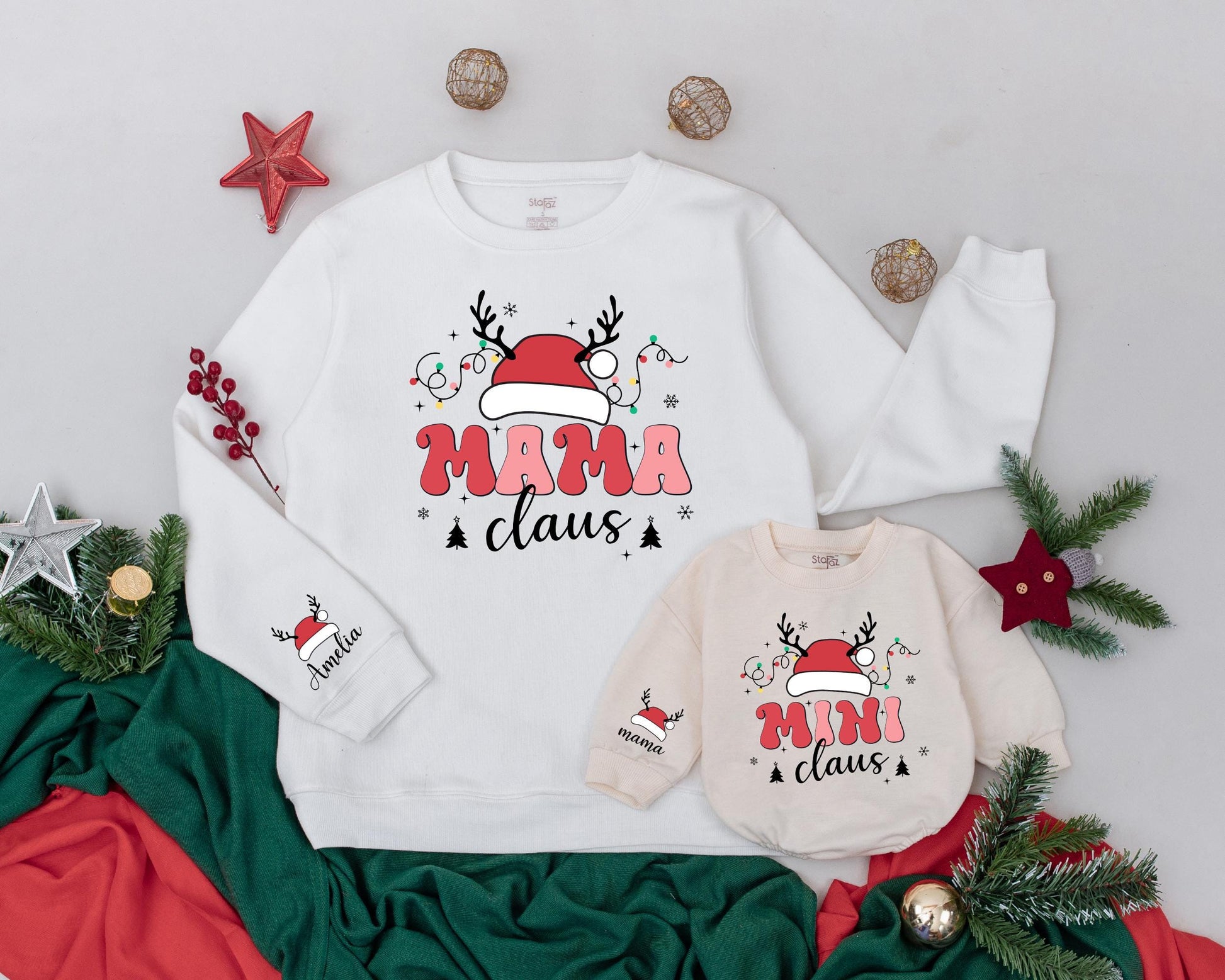 Retro Mama and Mini Claus Matching Christmas Sweatshirts, Mommy and Me Outfits, Personalized Baby Romper, Holiday Family Matching, Xmas Lights & Antlers