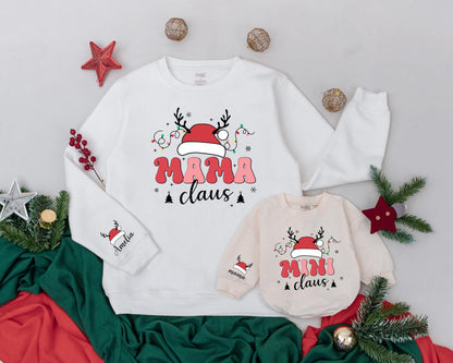 Retro Mama and Mini Claus Matching Christmas Sweatshirts, Mommy and Me Outfits, Personalized Baby Romper, Holiday Family Matching, Xmas Lights & Antlers