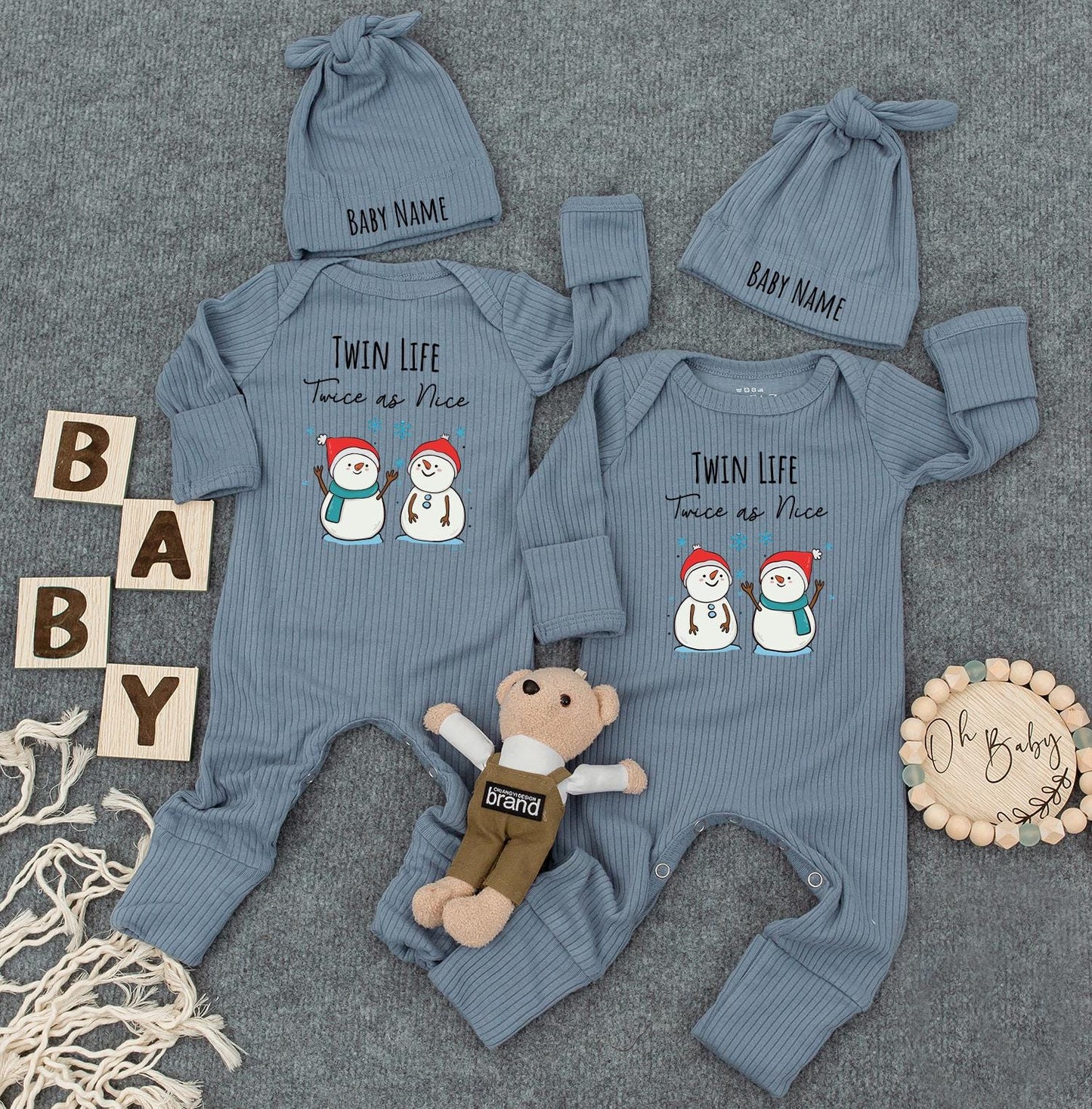 Twin Life Twice as Nice Custom Name Snowman Bodysuit, First Christmas Newborn Outfit, Cute Winter Gift for New Mom Cuties Infant Romper Festive Hats