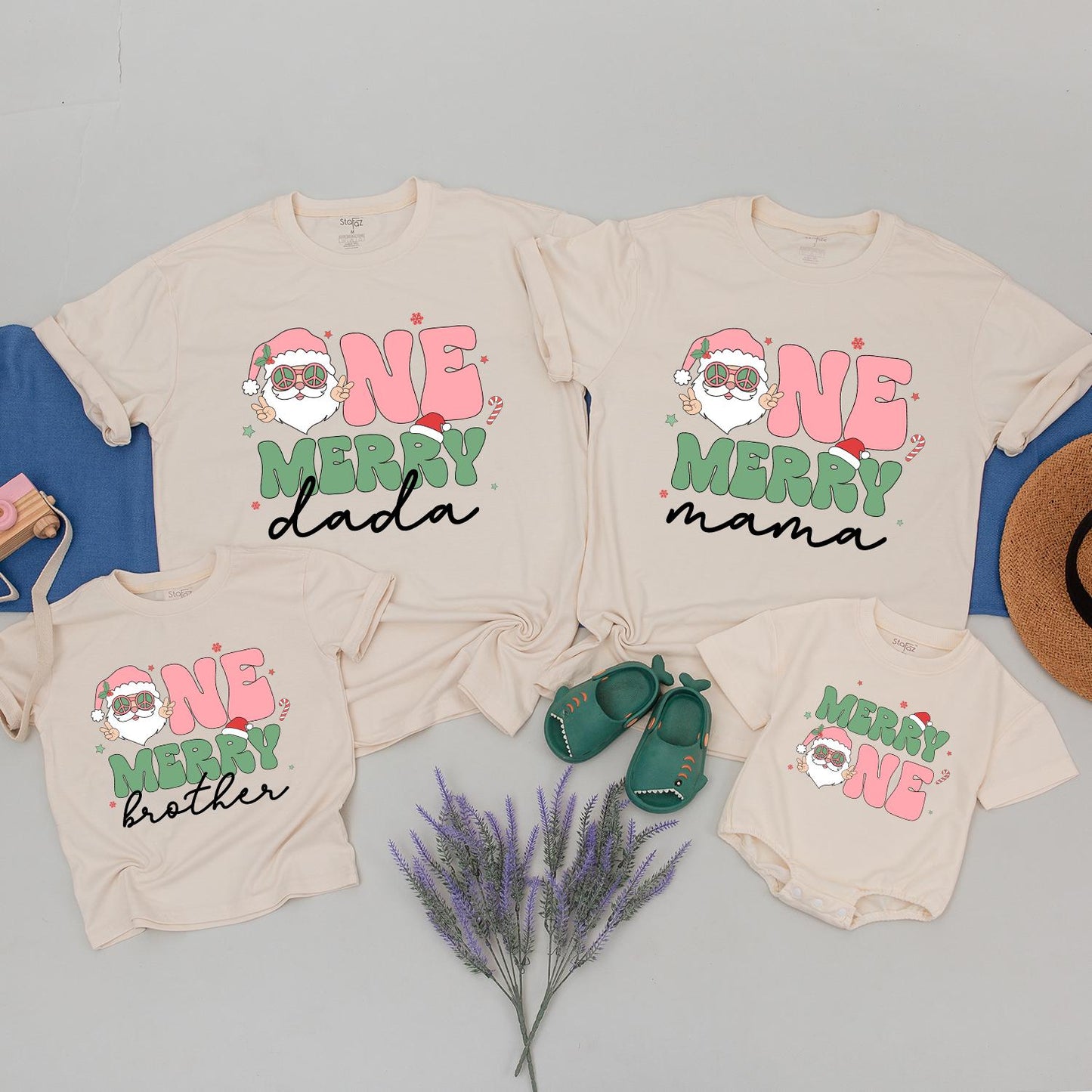 Retro Santa One Merry Christmas Matching Family Shirts First Birthday Outfit Pink Peace Sign Xmas Baby Tee Soft Cotton Holiday Gift Dada Mama Sister