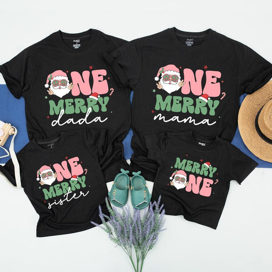 Retro Santa One Merry Christmas Matching Family Shirts First Birthday Outfit Pink Peace Sign Xmas Baby Tee Soft Cotton Holiday Gift Dada Mama Sister