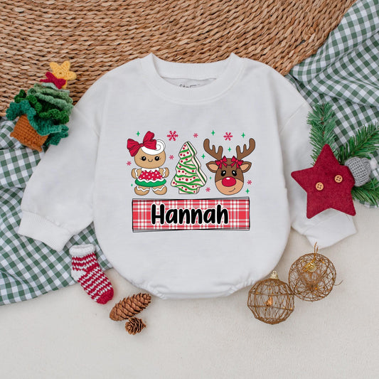 Custom Hannah Christmas Cookie Romper Baby Girl Outfit Reindeer Bow Design Xmas Bodysuit, My First Christmas Gift, Holiday Baby Clothes