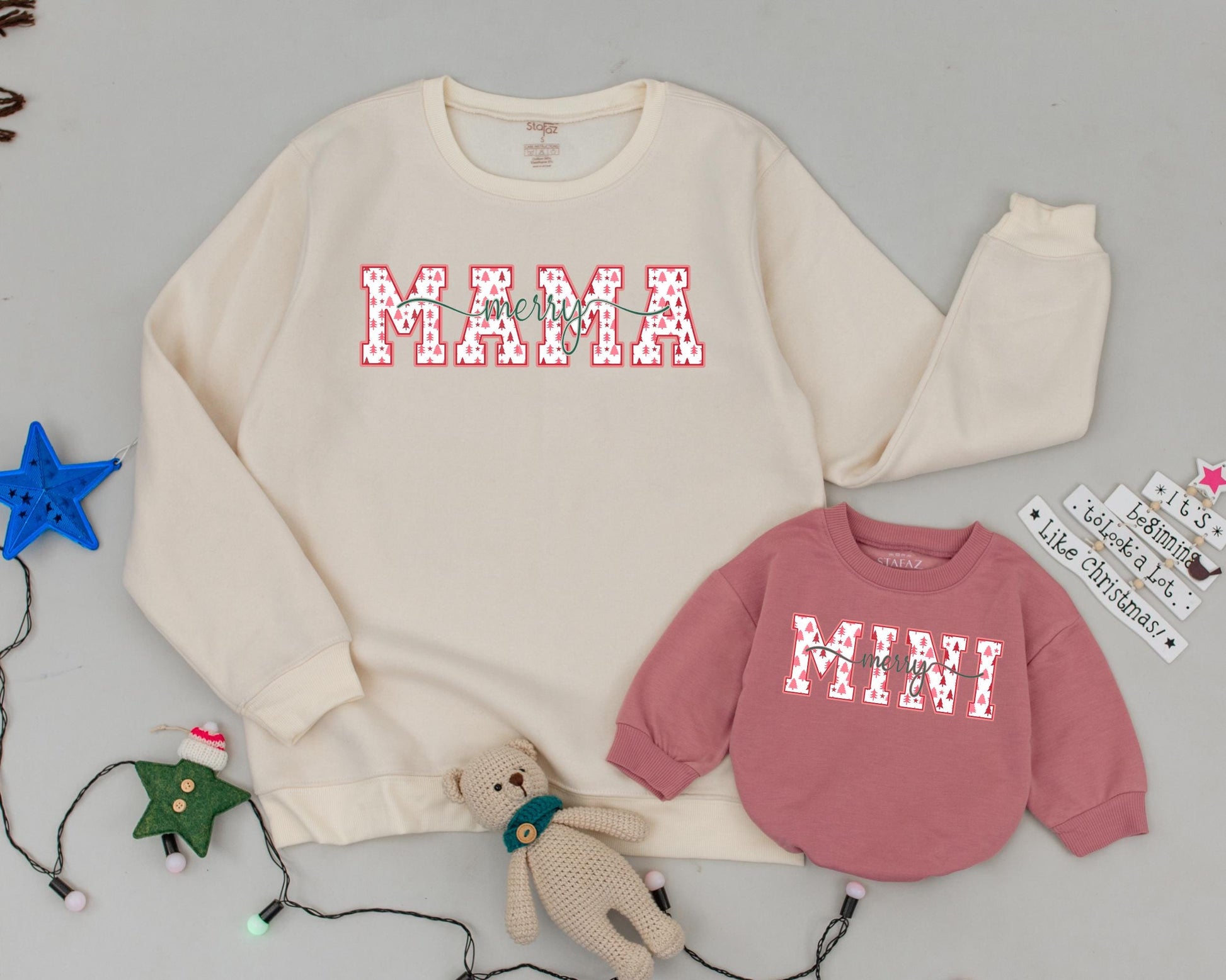 Mama & Mini Christmas Sweatshirt Set Retro Tree Design, Mommy and Me Matching Outfits, Merry Xmas Baby Romper, Holiday Family Photo, Year End Gift