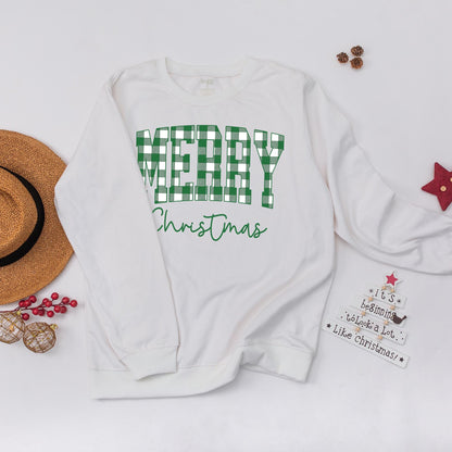 Merry Christmas Buffalo Plaid Sweatshirt: Festive Holiday Crewneck Sweater for Women, Cute Xmas Outfit & Winter Gift Idea, Green Cursive Details (138 chars)