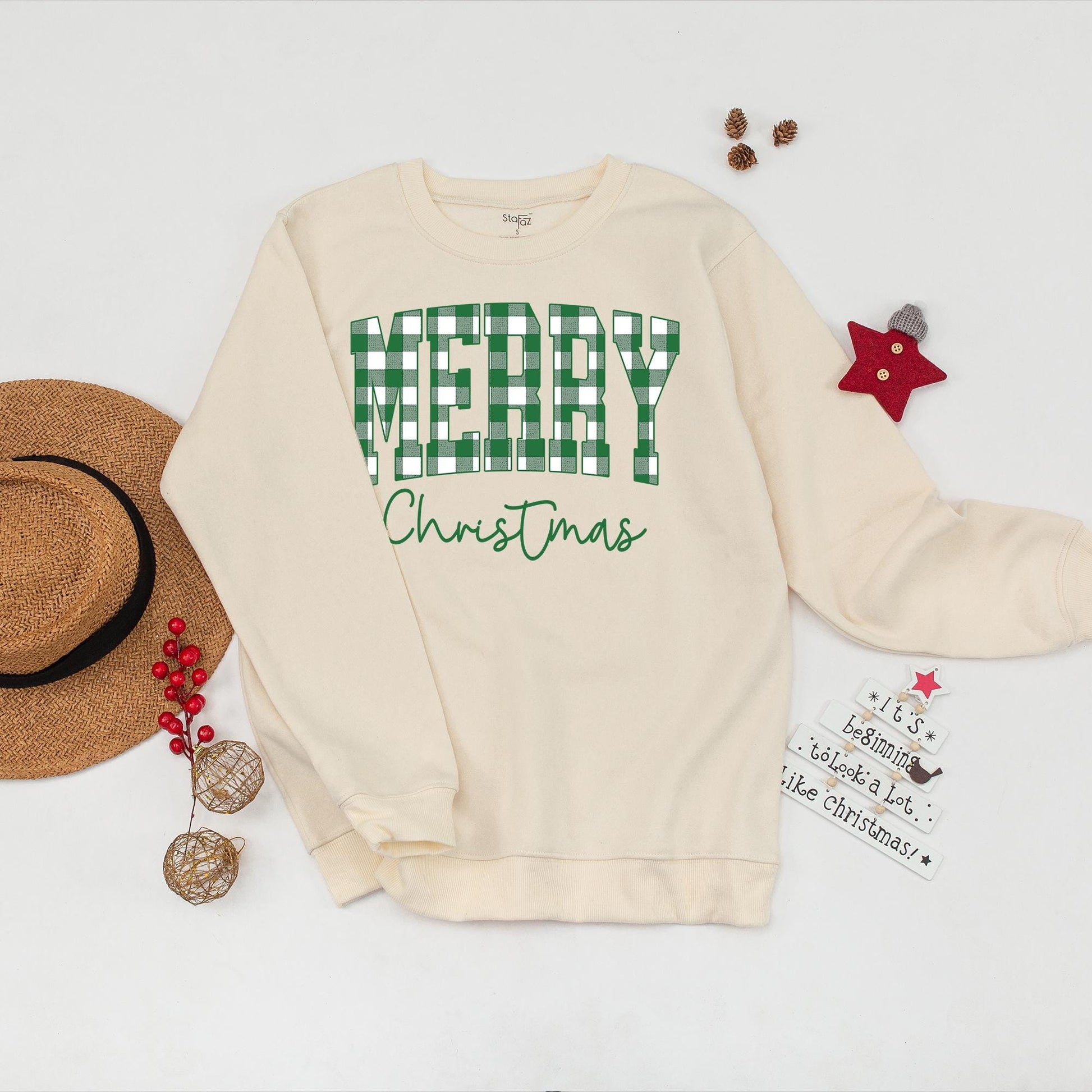 Merry Christmas Buffalo Plaid Sweatshirt: Festive Holiday Crewneck Sweater for Women, Cute Xmas Outfit & Winter Gift Idea, Green Cursive Details (138 chars)