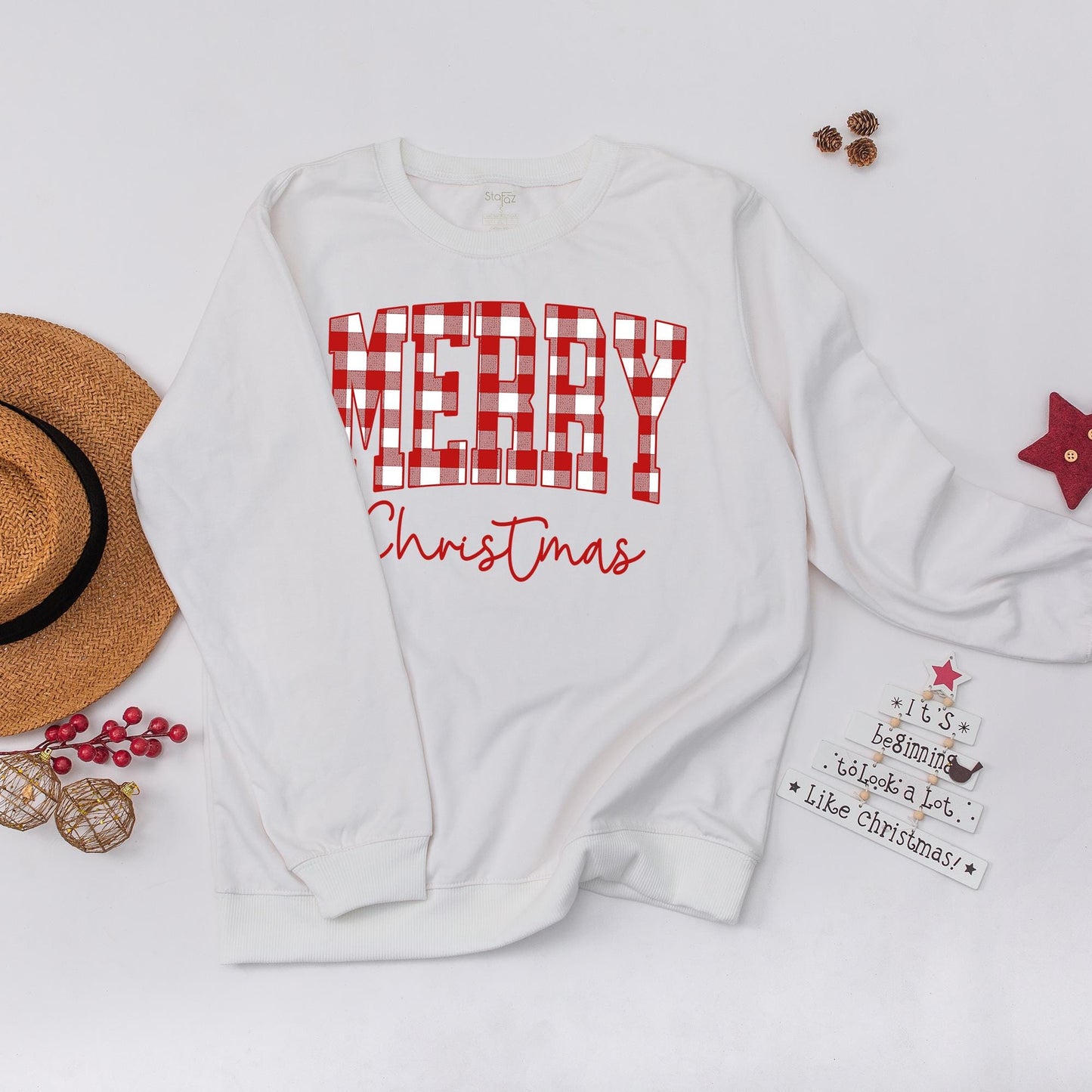 Merry Christmas Buffalo Plaid Sweatshirt, Cute Holiday Sweater, Xmas Family Crewneck, Woman's Festive Outfit, Red Script Top, Winter Gift Idea (138)