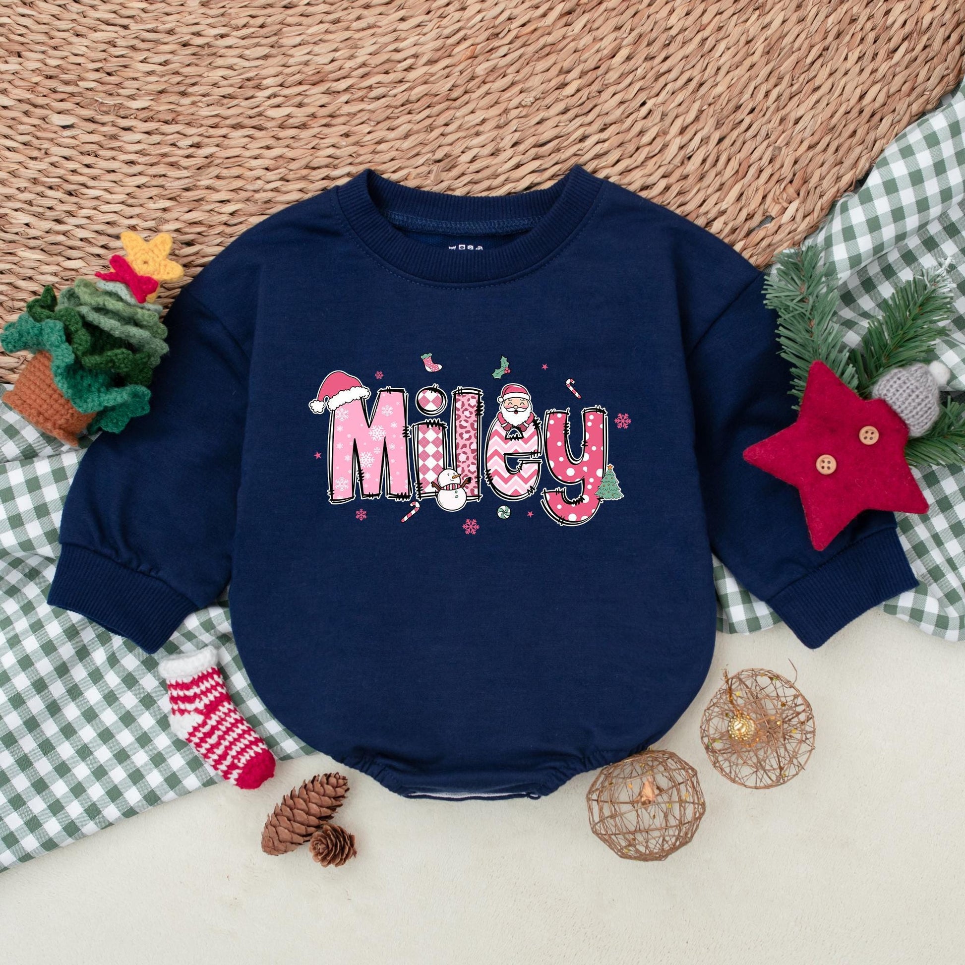 Personalized Miley Pink Christmas Baby Romper Cute Santa Hat Snowman Holiday Outfit for Girls Newborn First Christmas Gift