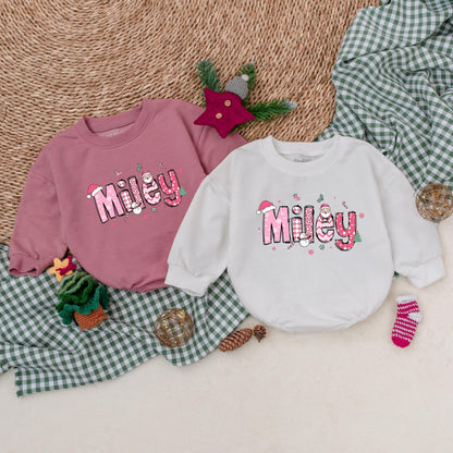 Personalized Miley Pink Christmas Baby Romper Cute Santa Hat Snowman Holiday Outfit for Girls Newborn First Christmas Gift
