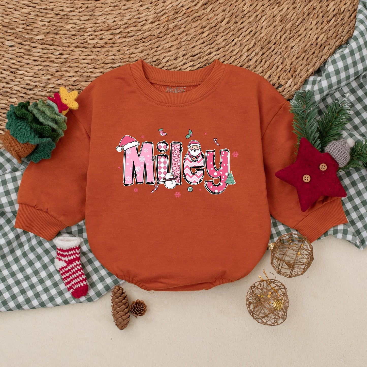 Personalized Miley Pink Christmas Baby Romper Cute Santa Hat Snowman Holiday Outfit for Girls Newborn First Christmas Gift