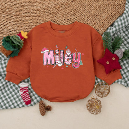 Personalized Miley Pink Christmas Baby Romper Cute Santa Hat Snowman Holiday Outfit for Girls Newborn First Christmas Gift