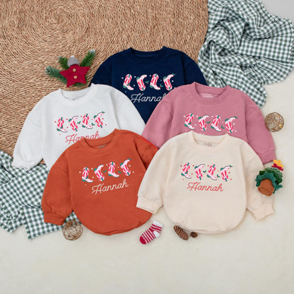 Hannah's Personalized Christmas Cowgirl Boots Romper, Festive Western Baby Bodysuit, Candy Cane Booties, Winter Clothes, Christmas Gift, Girl Outfit 139