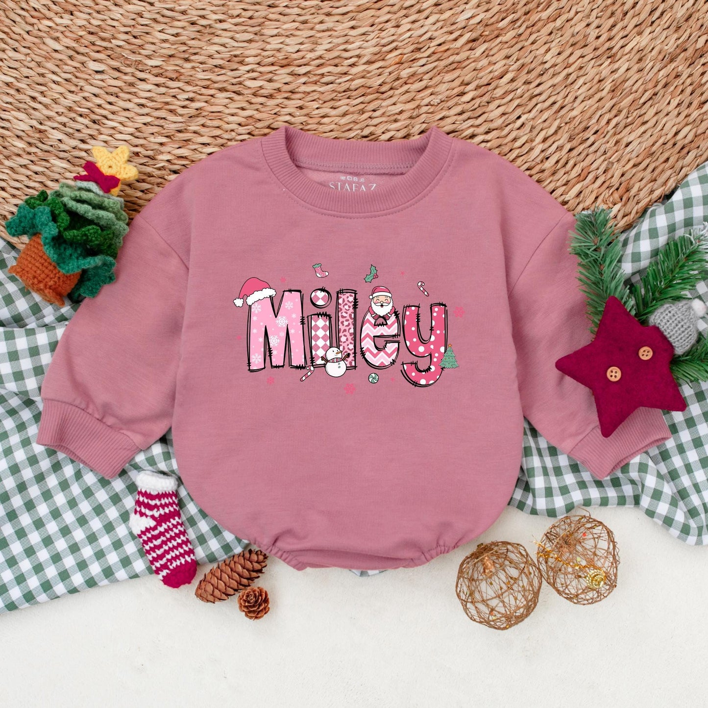 Personalized Miley Pink Christmas Baby Romper Cute Santa Hat Snowman Holiday Outfit for Girls Newborn First Christmas Gift